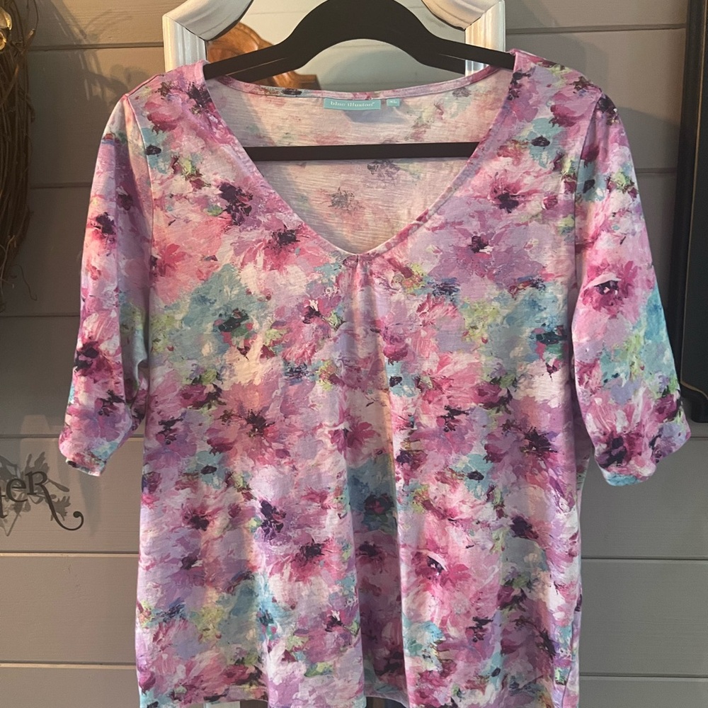 Pink and Teal Relaxed 3/4 Sleeve Blouse